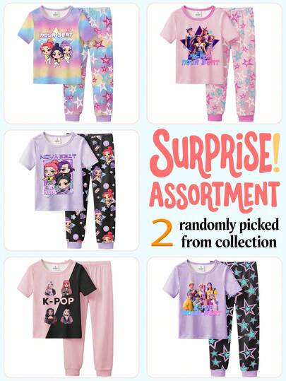 [5pcs/Set, 2pcs Shipped Randomly] Baby Girls' Pajamas, Spring/Summer New Fashionable Hot Selling Elements Cartoon Band, Girl Group, Shiny Star Print, Knit Tight Fit High Stretch Fabric Short Sleeve Pants Sleepwear Set. 2pcs Pajama Top + 2pcs Pajama Bottom (Shipped Randomly)