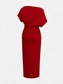 Maija Red Asymmetric-Shoulder Bodycon Dress, Elegant & Fitted, Romantic For Valentine's Day