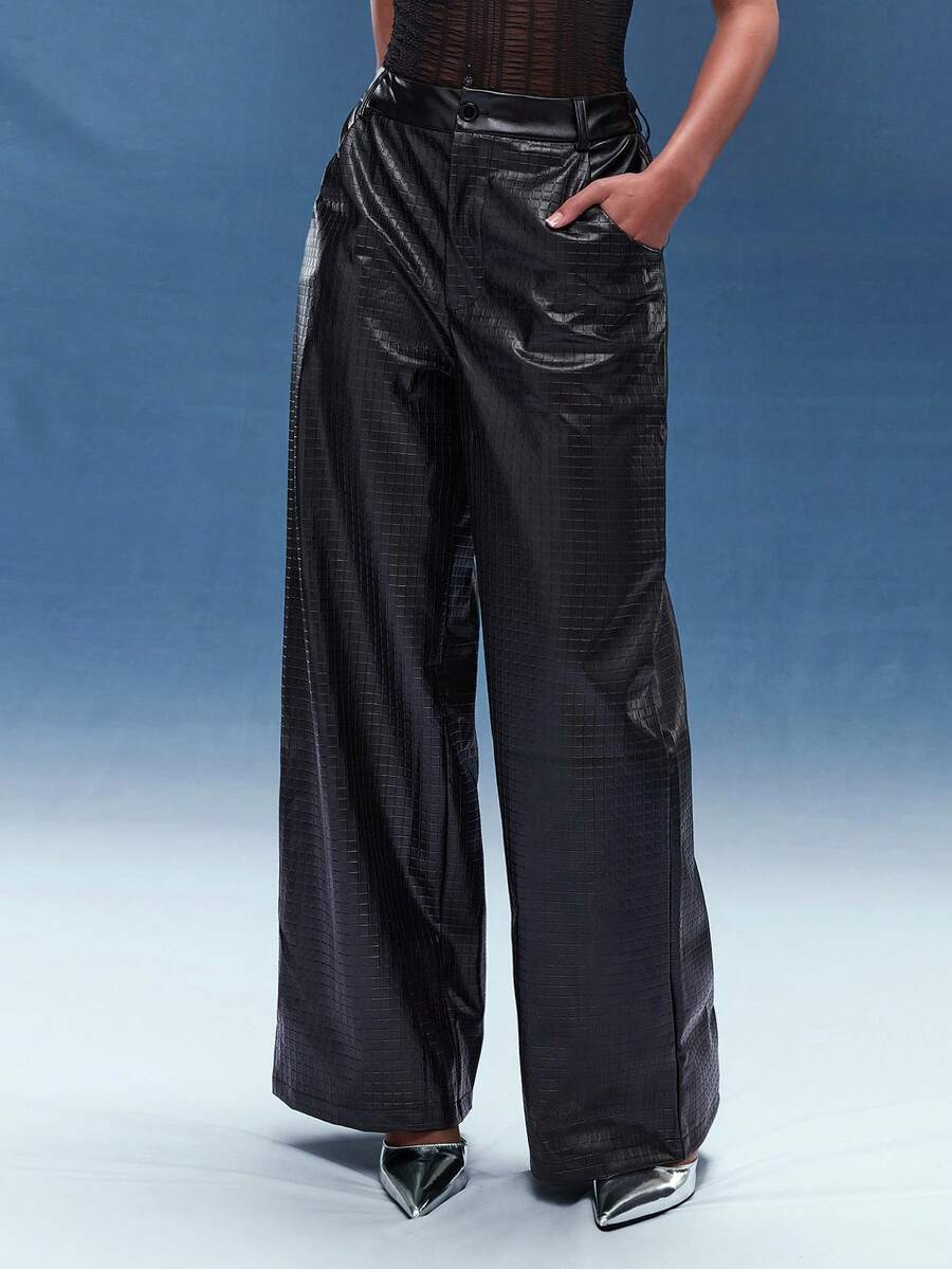 Normani 女士街头风派对嬉皮说唱音乐节基础款运动休闲黑色皮裤 - 黑色 - 查看 1