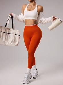 Core Rhythm Leggings deportivos de mujer con contraste de color y costillas en la cintura, de punto sin costuras - Naranja Quemada - Ver 7