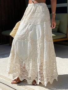 DAZY Bohemian Hollow Crochet Lace Drawstring Waist High Waist A-Line Skirt For Women, Spring - Apricot - View 3