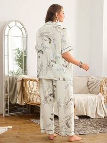 Serenescape Plus Size Plant Print Bubble Chiffon Collar Trim Pocket Design Pajama Set - Multicolor - View 2