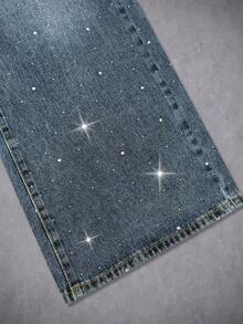 Manfinity EMRG Men's Casual Fashion Street Frayed 2 In 1 Rhinestone Embellished Loose Wide-Leg Jeans - Blue Black - View 4