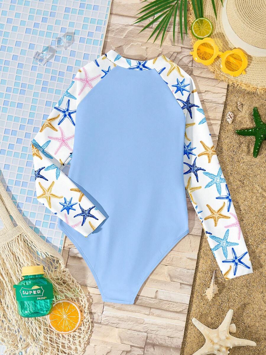 Tween Girls' Casual Minimalist Round Neck Long Sleeve One-Piece Swimsuit, Sky Blue, Beach/Resort Style, Colorful Starfish Print, Suitable For Summer - Multicolor - View 1