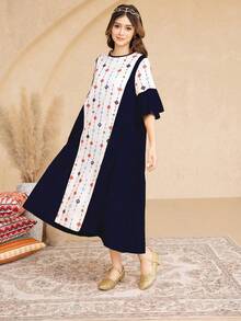 SHEIN 1件少女几何花卉复古印花拼接圆领短袖A字连衣裙，夏季 - 藏蓝色 - 查看 3