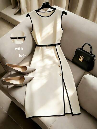 Franclia Vestido sin mangas de color albaricoque con cuello redondo, ribete negro y cinturón, de estilo minimalista y versátil para uso casual y de oficina, para primavera/verano