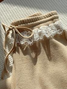 CovetEZ 女士纯色休闲蕾丝边裤 - 卡其色 - 查看 3