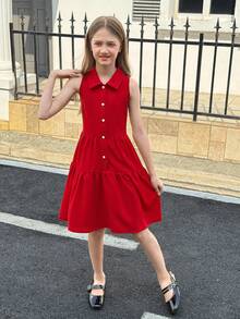 SHEIN Tween Girl Casual Solid Red Mandarin Collar Sleeveless Waist Flare Dress - Red - View 3