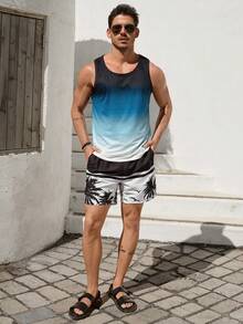 VIVINTIMO 男士條紋印花圓領休閑背心夏季，無袖圖形條紋藍色漸變背心適用於假期海灘 - 藍色 - 查看 5