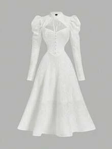 SHEIN MOD Women's Retro Mandarin Collar Bow Knit Jacquard Gigot Sleeve Dress, Suitable For Spring, Valentine's Day, Dates, Afternoon Tea - White - View 2