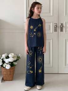 DAZY Tween Girl Sun & Planet Print Halter Top And Wide Leg Pants Casual Outfit - Blue - View 4