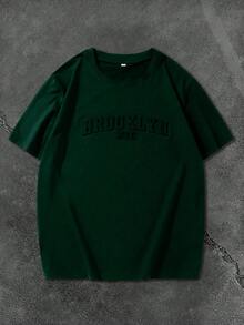 Manfinity Homme Plus Size Men's Letter Embossed Round Neck Short Sleeve Casual Versatile T-Shirt Streetwear Top - Dark Green - View 5