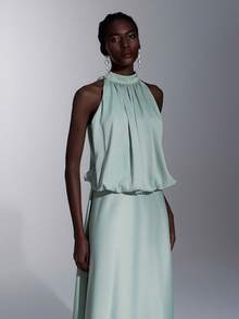 Elitara Elegant Floral Halter Neck Backless A-Line Bridesmaid Dress, Light Green & Yellow - Green - View 4