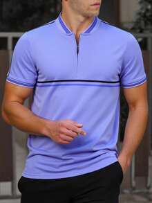 Manfinity Mode Men's Zipper Design Striped Short Sleeve Casual Commuter Polo Shirt - Dusty Blue - View 1