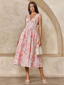Enchnt Spring/Summer Romantic Women's Pink Floral Print V-Neck Sleeveless Princess Long Dress,Sweet&Elegant For Vacation&Date&Holiday&Going Out,Spring Outfit Women - Pink - View 3
