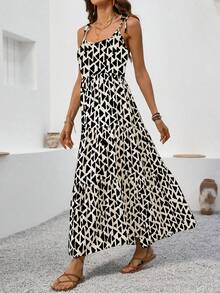 Breezaya 夏季度假印花无肩带无袖长连衣裙，女士沙滩度假装 - 黑色 - 查看 5
