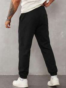 RueChic Men Letter Graphic Drawstring Waist Sweatpants - Black - View 2