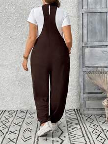SHEIN Tall CURVE Plus Size Women Casual Jumpsuit With Suspenders, Spring/Summer - Brown - View 2