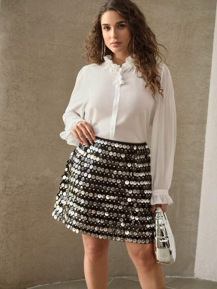 PLUS SIZE SEQUINS HIGH WAIST SKIRT