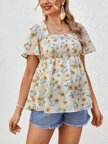 SHEIN 孕妇时尚碎花褶皱上衣 - 彩色 - 查看 3