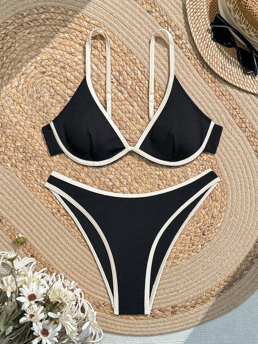 Swim Vcay 男士度假休闲派对黑色罗纹面料比基尼两件套沙滩泳装 - 黑色 - 查看 1