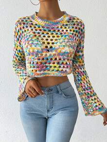 Chiquease Fashionable Colorful Hollow-Out Knit Cropped Sweater - Multicolor - View 6