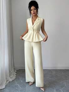 SHEIN Elenzya 优雅浪漫的通勤/工作套装，弹力腰带A字型西装外套+裤装，浅黄色 - 鵝黃色 - 查看 6