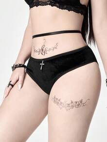 ROMWE 1pc Gothic Velvet Pentagram Print Thong Panty - Black - View 4