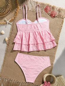 SHEIN Bộ bikini Tankini cho thiếu nữ, áo tắm kiểu yếm nhiều màu hồng họa tiết hoạt hình, áo yếm bằng vải jacquard khoét eo, áo hai mảnh, áo hai mảnh + quần tam giác, thời trang, giản dị, tinh tế, thanh lịch và nữ tính, thích hợp cho bơi lội, thích hợp cho kỳ nghỉ hè, bãi biển mùa hè, bờ biển, hồ bơi, tiệc mùa hè, kỳ nghỉ thư giãn, đồ bơi kín đáo, trang phục đi biển cho bé gái, đồ bơi đồng bộ cho thiếu nữ, đồ bơi màu hồng cho thiếu nữ. - Hồng - Xem 2