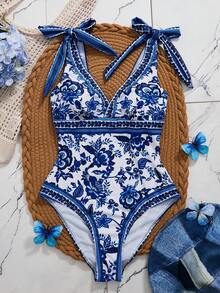 Swim Chiccia Women's Summer New Seaside Vacation Casual Elegant One-Piece Swimsuit, Floral Retro Print Sexy V-Neck Backless One-Piece Swimwear - Blue and White - View 4