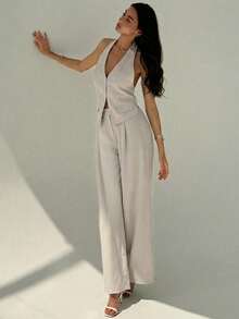 Aloruh Bộ đồ hai mảnh nữ kiểu dáng thanh lịch, hở lưng, chất liệu giả vải lanh, thích hợp cho đi làm hàng ngày và trang phục mùa hè. - Màu nâu  Mocha - Xem 5