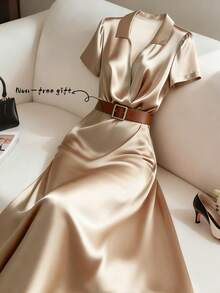 GlowEve Women's Elegant Commuter Crossed Collar Short Sleeve Midi Dress, Summer - Apricot - View 1