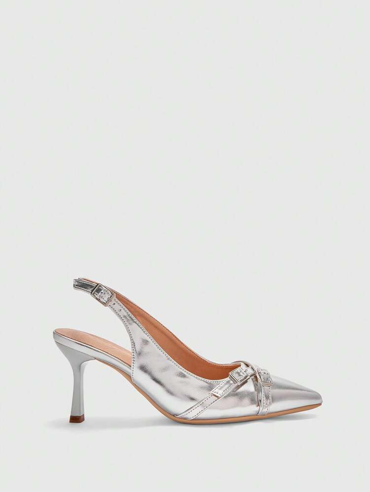 CUCCOO BIZCHIC Women Shoes Women's Pointed Stiletto Silver Cross Strap Back Strap Fashion Versatile Commuter Daily Work Women's High Heel Shoes Slingback Women's Shoes Spring Shoes