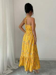 Vestido largo casual con estampado y elástico para mujeres - Amarillo - Ver 5