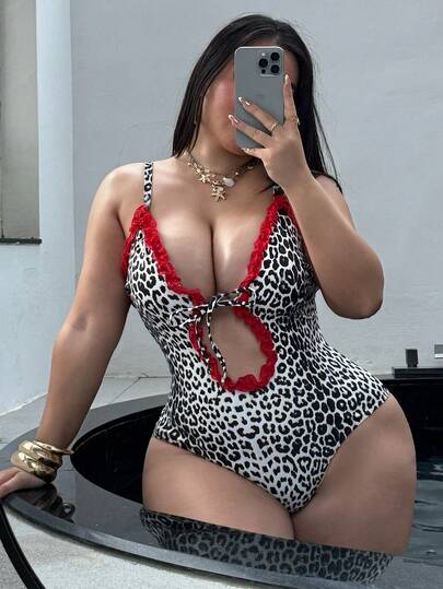 Swim SXY Plus Size Contrast Trim Hollow Leopard Print One-Piece Swimsuit