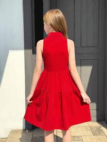 SHEIN Tween Girl Casual Solid Red Mandarin Collar Sleeveless Waist Flare Dress - Red - View 4