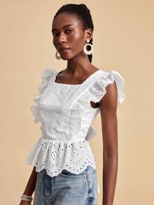 Travachic 2026 New Spring To Summer Vacation Embroidered Ruffle Trim Square Neck Tie Front Backless Sleeveless Crop Top Boho Floral Striped Square  Lace Eyelet - White - View 5