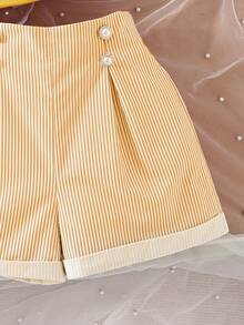 Sparklyn Bộ áo trễ vai họa tiết hoa và quần short sọc cho bé gái tuổi teen, thời trang khi đi làm và đi nghỉ - Màu vàng - Xem 5