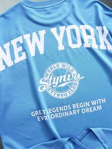 STYNVO T-shirt à manches courtes col rond avec graphique lettrage, décontracté pour homme, été - Bleu azur - Voir 3