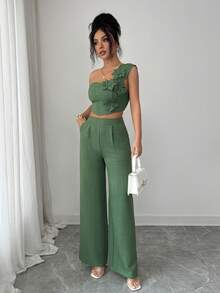 Elenzga 优雅3D花卉装饰休闲度假无袖上衣和裤子女式两件套 - 綠色 - 查看 4