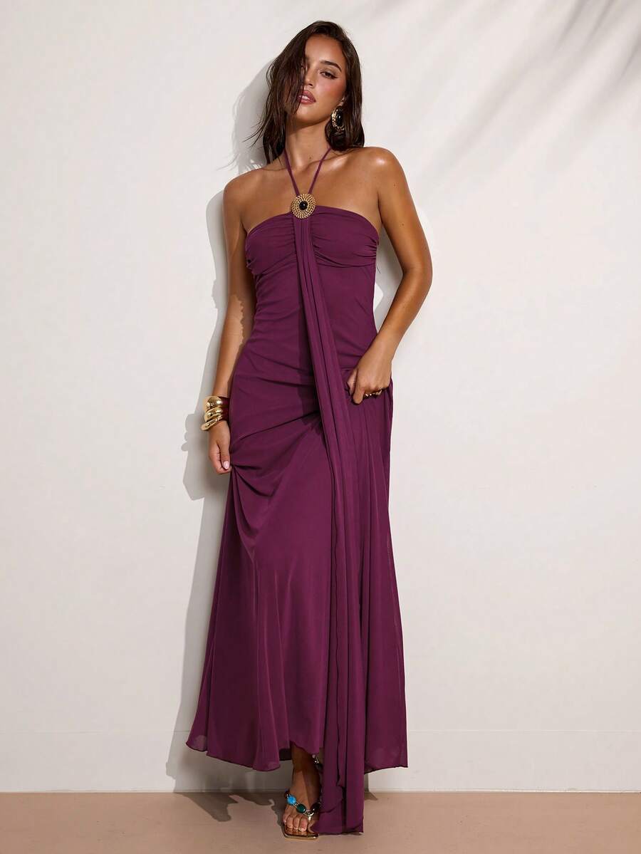 SHEIN BAE Women's Sexy Backless Halter Dress, Summer - Purple - View 1