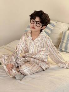 DAZY Tween Boy Colorblock Striped Print Lapel Collar Long Sleeve Shirt And Pants Pajama Set, Spring/Autumn - Multicolor - View 2