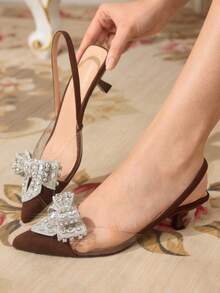 CUCCOO TILAWA Kokardka z kryształkami, ozdoba, swobodne, minimalistyczne, damskie czółenka z odkrytymi plecami - Rdzawy brązowy - Zobacz 6