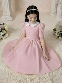 Robe élégante à col et manches bouffantes courtes avec décoration de perles, pour jeune fille en déplacement - Rose bonbon - Voir 9