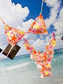 Swim Mod Women's New Ocean Pattern Ribbed Fabric Printed Seamless V-Neck Halter Backless Triangle Top And Triangle Bottoms Bikini Swimwear 2-Piece Set, Spring/Summer Colorful Bikini Bikini Set Vacation Beach Bikini Bikini Floral Western Swim Suits For Women - Multicolor - View 3