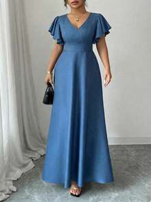 Elenzga 大码女式荷叶边袖V领A字连衣裙，优雅浪漫，牛仔布面料，春夏款 - 藍色 - 查看 4