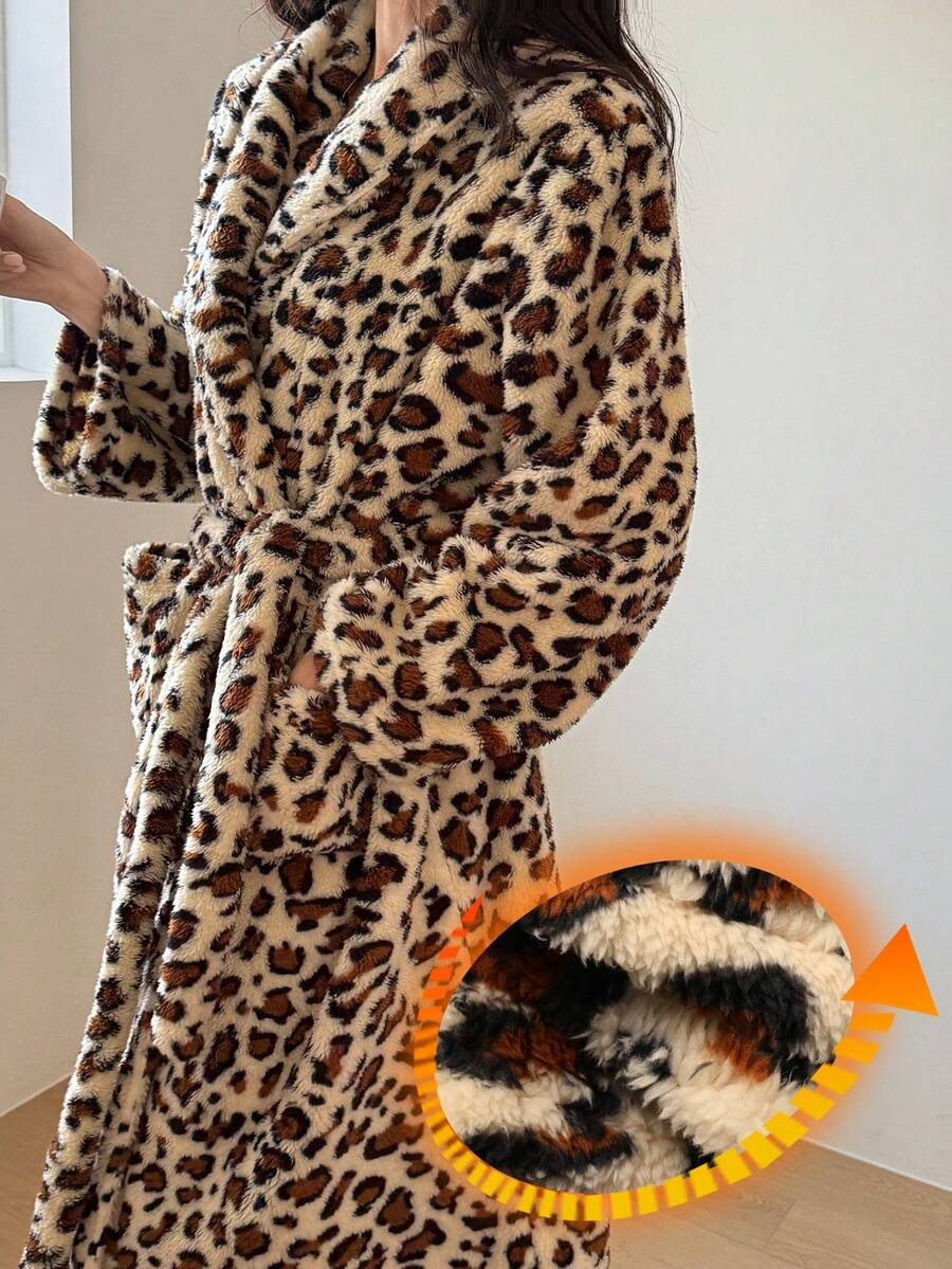 DAZY Women's Leopard Print Flannel Robe, Mid-Length With Shawl Collar, Winter - Beige - View 1