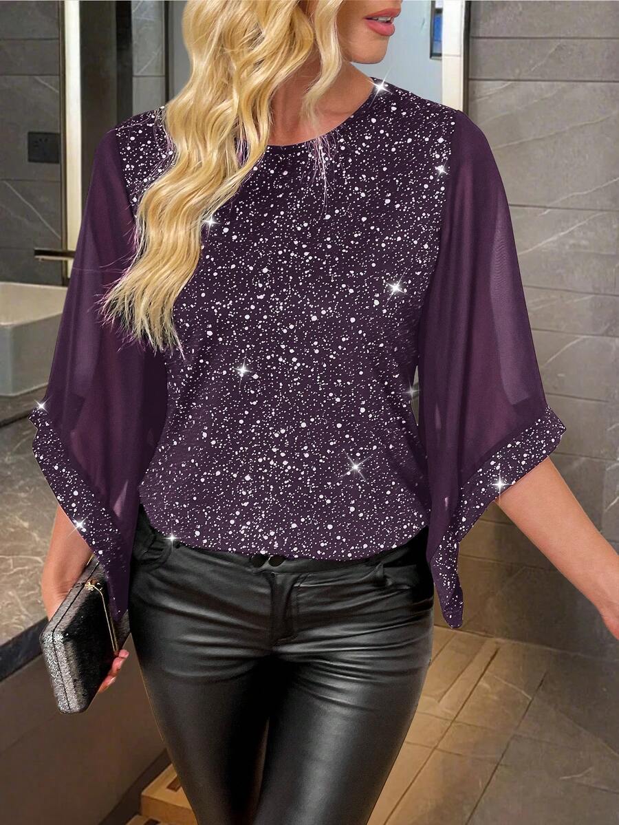 EMERY ROSE Blusa elegante de mujer con parches de malla de lámina de plata - Morado - Ver 1