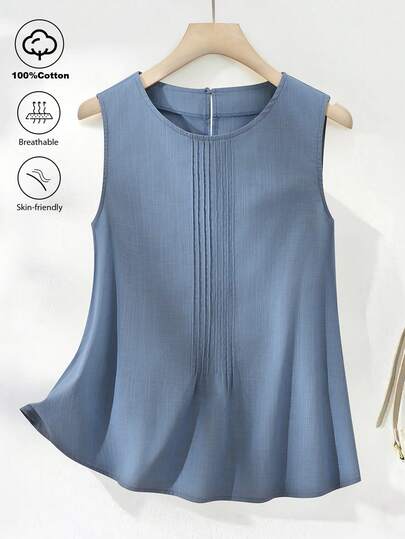 SHEIN Franclia Camisa de algodón sin mangas con pliegues en línea A para mujer