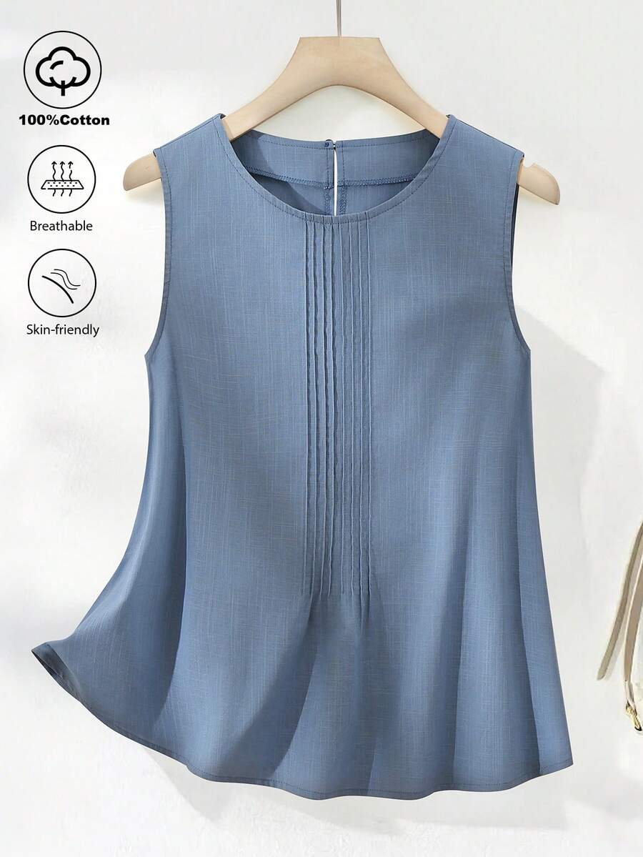 SHEIN Franclia 女士褶裥无袖A字型棉质衬衫 - 藍色 - 查看 1